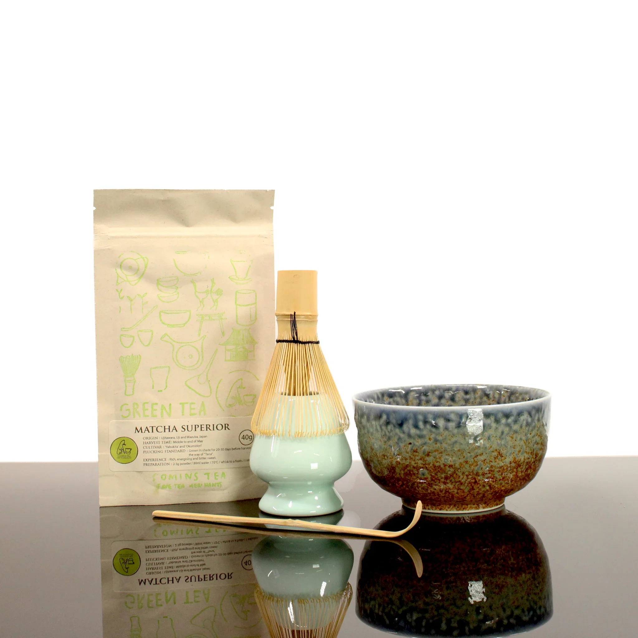 Matcha Tea Set in Blue & Brown with Matcha Tea - Image 3
